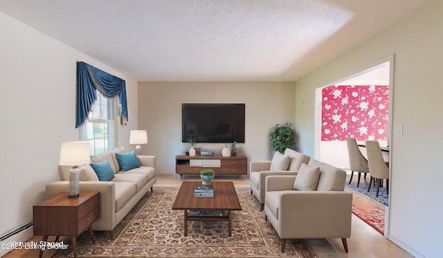 living room with a textured ceiling and a baseboard radiator