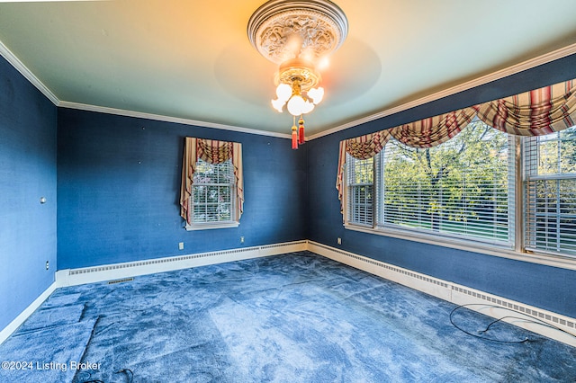 empty room featuring ornamental molding, carpet floors, and a wealth of natural light