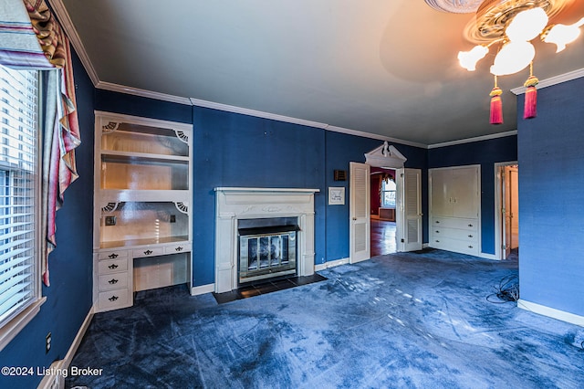 unfurnished living room featuring ornamental molding and dark carpet