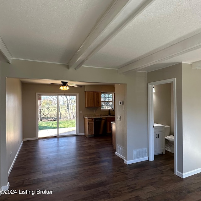 744 Brian Ct, Radcliff, KY 40160 - unfurnished living room with a textured ceiling, dark wood finished floors, beam ceiling, baseboards, and ceiling fan