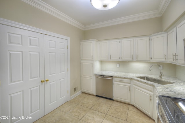 kitchen with sink, ornamental molding, light stone counters, white cabinetry, and stainless steel appliances