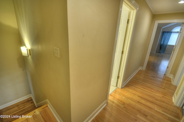 corridor with light hardwood / wood-style floors and crown molding