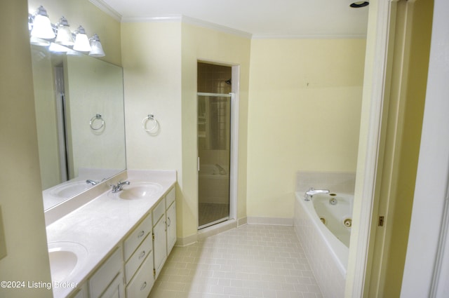 bathroom featuring tile patterned flooring, vanity, plus walk in shower, and crown molding