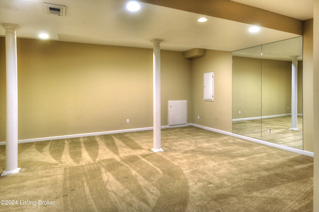 basement featuring carpet flooring