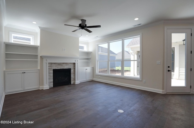 17105 Farrier Dr, Louisville, KY 40245 - unfurnished living room featuring visible vents, a ceiling fan, a wealth of natural light, and dark wood-style floors