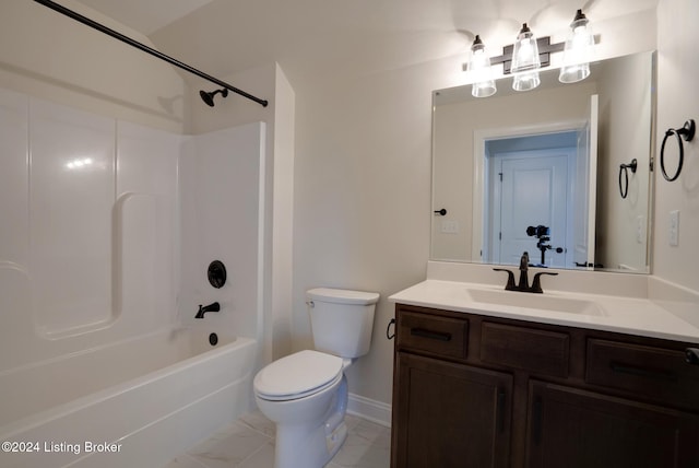 full bathroom featuring vanity, shower / washtub combination, and toilet