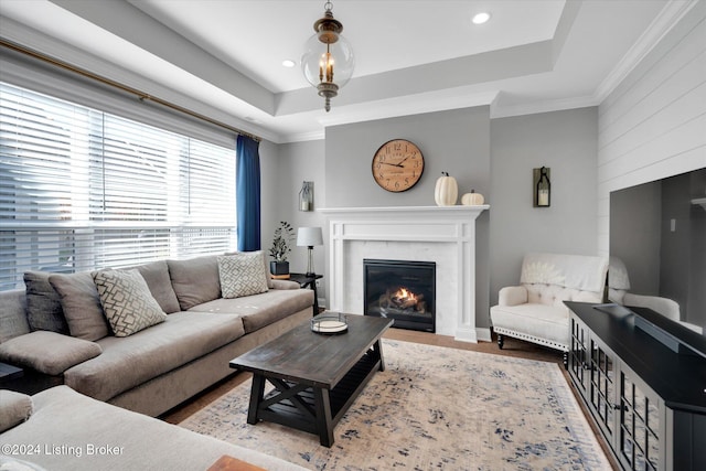 living room with light hardwood / wood-style flooring, crown molding, and a raised ceiling