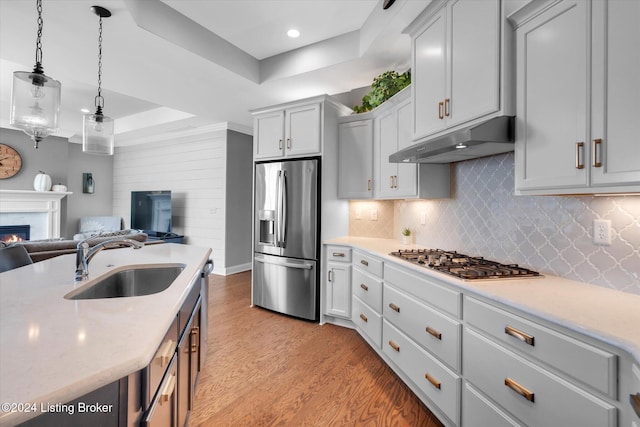 kitchen with light hardwood / wood-style flooring, stainless steel appliances, a tray ceiling, sink, and pendant lighting