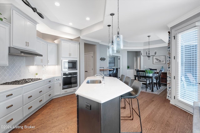 kitchen with a center island with sink, appliances with stainless steel finishes, a kitchen bar, pendant lighting, and light hardwood / wood-style floors