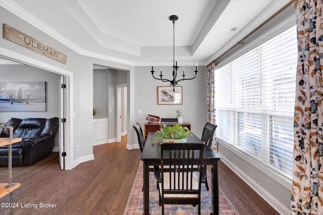 dining space featuring dark wood-type flooring, crown molding, a healthy amount of sunlight, and a raised ceiling