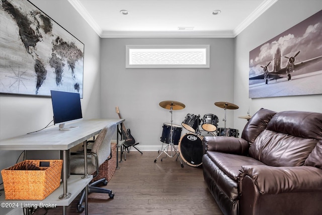 office area with ornamental molding and hardwood / wood-style floors