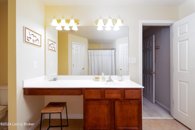 bathroom featuring toilet, vanity, and tile patterned flooring