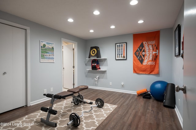 exercise room featuring dark wood-type flooring