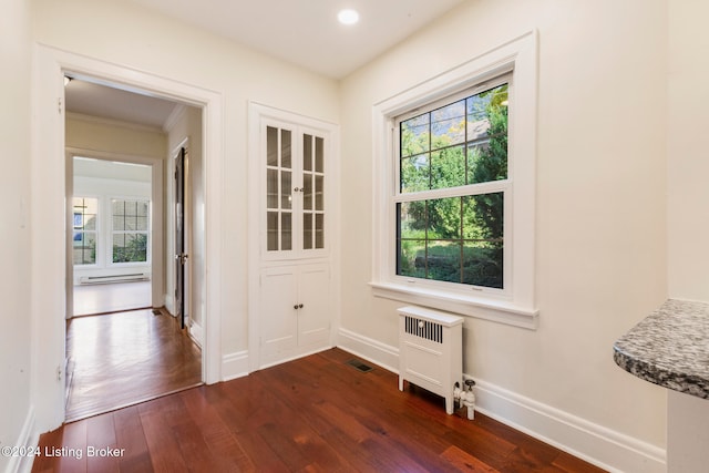 entryway featuring ornamental molding, radiator, a baseboard radiator, and dark hardwood / wood-style flooring