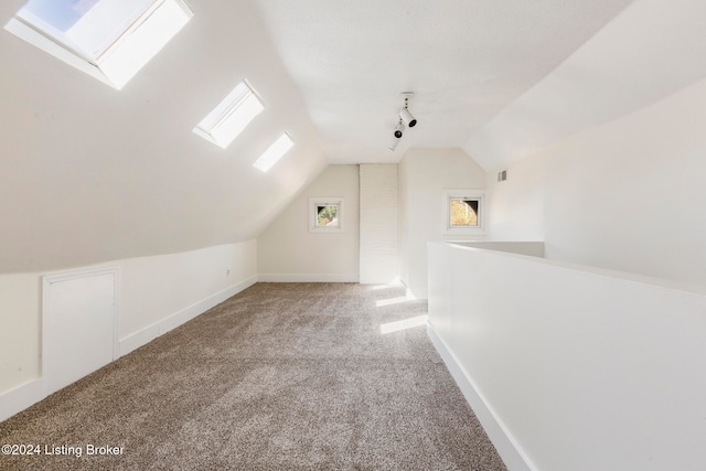 additional living space featuring carpet and vaulted ceiling with skylight