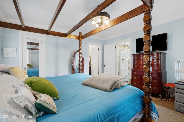 bedroom featuring ornamental molding, carpet floors, ensuite bathroom, beamed ceiling, and white refrigerator with ice dispenser