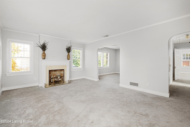 unfurnished living room featuring ornamental molding, light carpet, and a healthy amount of sunlight