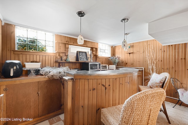 kitchen with wooden walls, light carpet, and pendant lighting