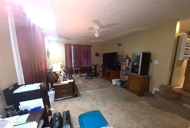 miscellaneous room featuring ceiling fan and light carpet