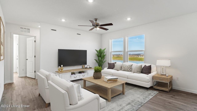 living room featuring ceiling fan and wood-type flooring