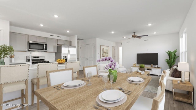 dining space featuring ceiling fan and hardwood / wood-style floors