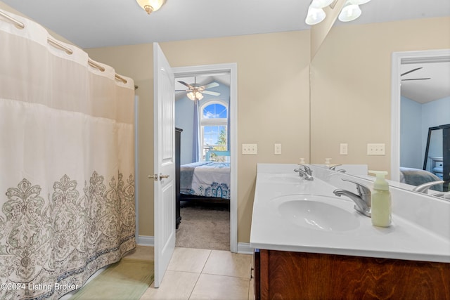 bathroom with vanity, ceiling fan, and tile patterned flooring