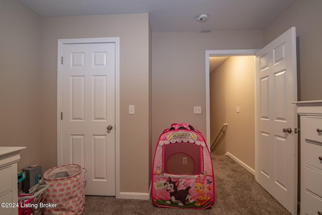 game room featuring a textured ceiling and carpet flooring