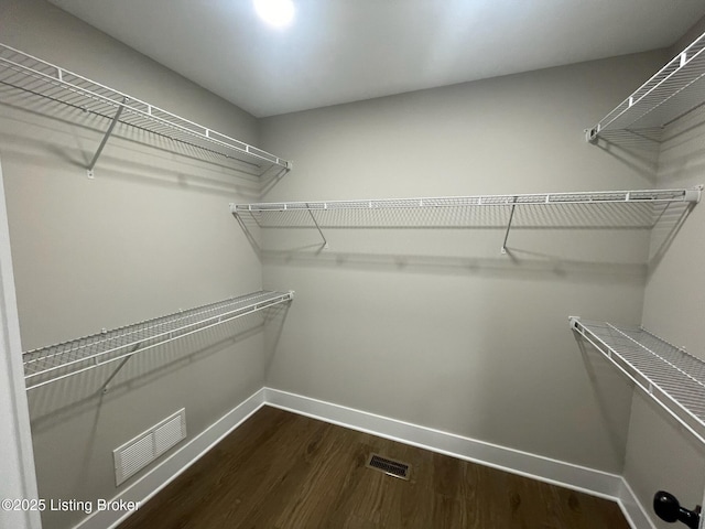 spacious closet featuring dark wood-style floors and visible vents