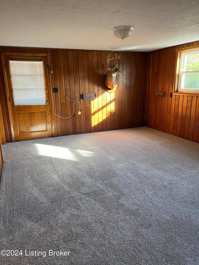 carpeted empty room featuring wooden walls