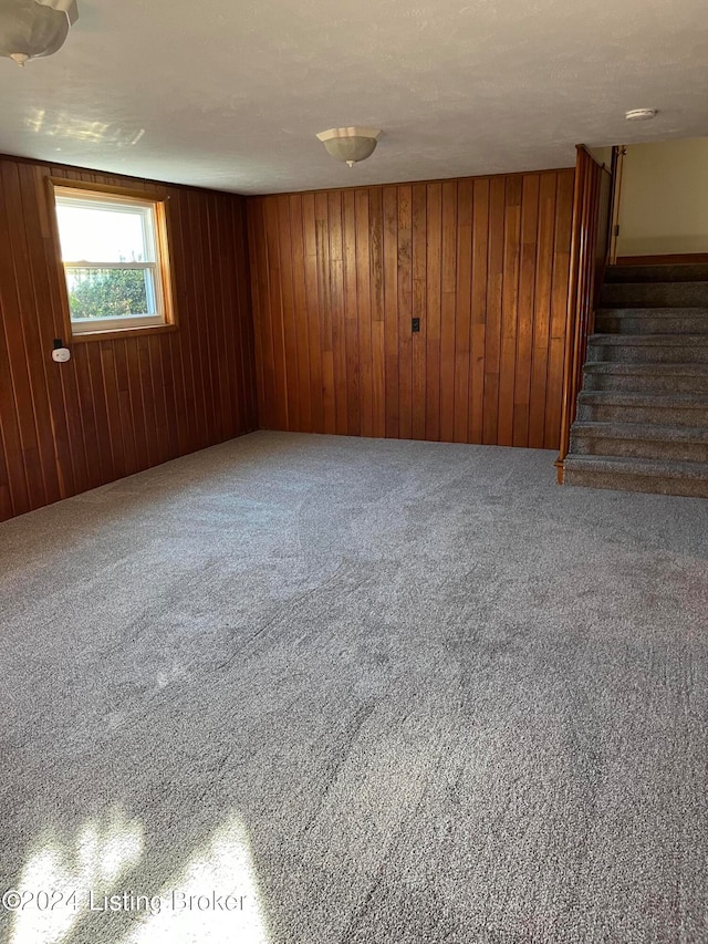 basement featuring carpet flooring, wooden walls, and a textured ceiling