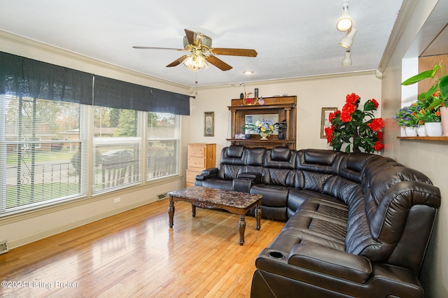 living room featuring ornamental molding, hardwood / wood-style floors, and ceiling fan