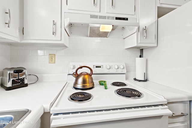 kitchen featuring white cabinets, decorative backsplash, ventilation hood, and white electric stove