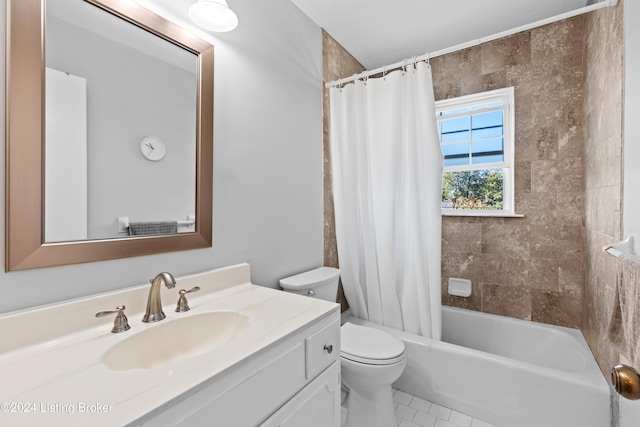 full bathroom with toilet, vanity, tile patterned floors, and shower / bathtub combination with curtain