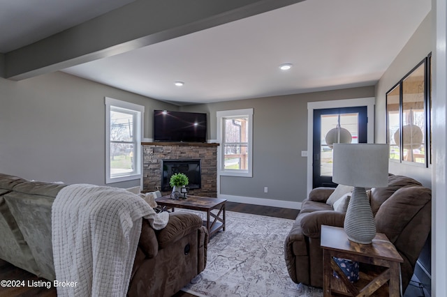 216 Millerstown St, Clarkson, KY 42726 - living area with wood finished floors, a fireplace, baseboards, and recessed lighting