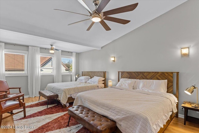 bedroom featuring ceiling fan and light wood-type flooring