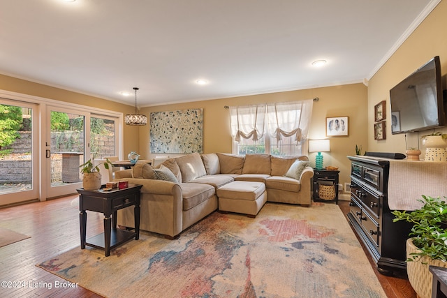 living room with hardwood / wood-style flooring and crown molding