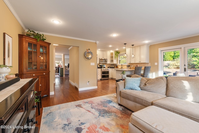 living room with dark hardwood / wood-style flooring, sink, and ornamental molding