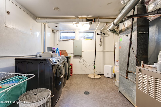 washroom with electric panel and washing machine and clothes dryer