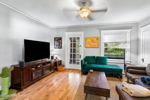 living room featuring light hardwood / wood-style flooring, ornamental molding, ceiling fan, and a wealth of natural light