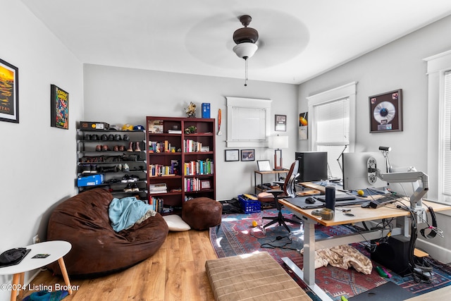 home office with ceiling fan and hardwood / wood-style floors