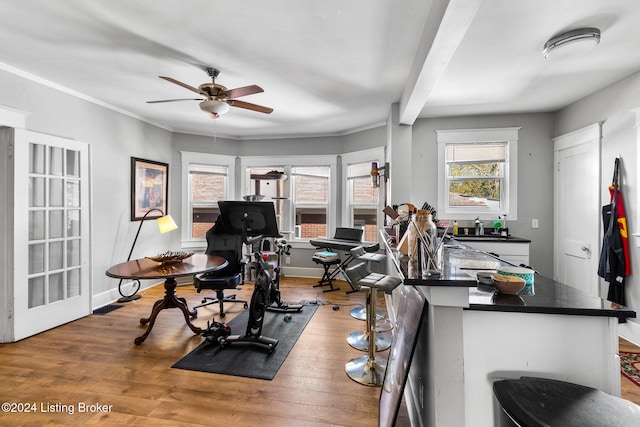 workout area featuring light hardwood / wood-style floors, sink, and ceiling fan