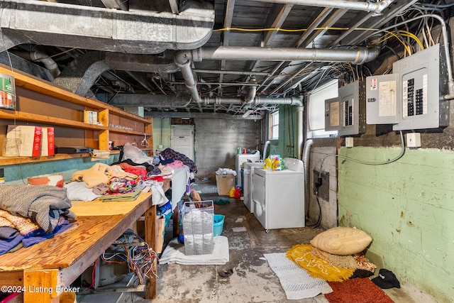 basement with washing machine and dryer and electric panel