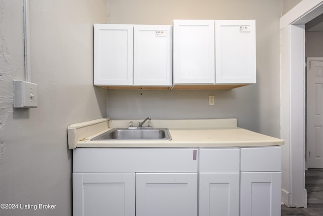 clothes washing area with hardwood / wood-style flooring and sink