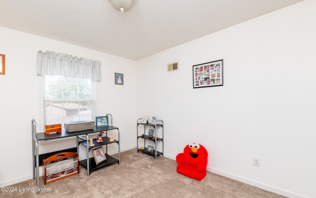 interior space featuring light carpet