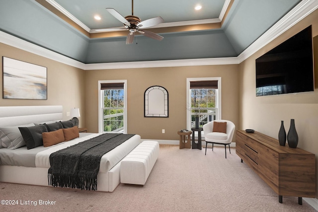 bedroom with carpet floors, multiple windows, crown molding, and ceiling fan