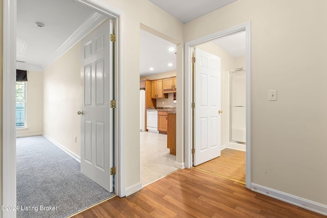 corridor featuring ornamental molding and light hardwood / wood-style flooring