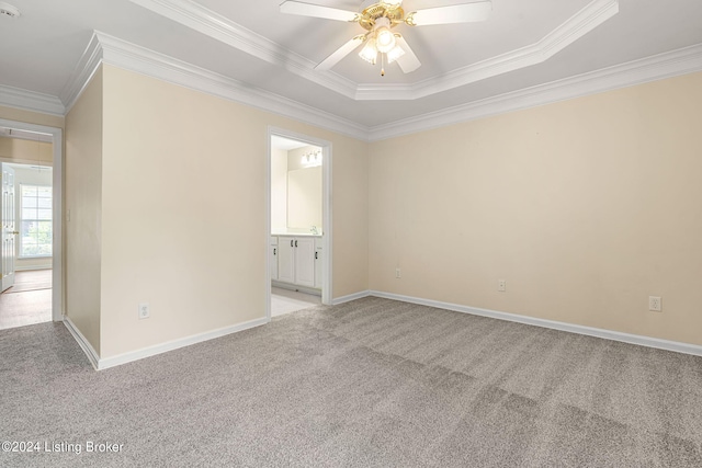 carpeted spare room with ceiling fan, a raised ceiling, and ornamental molding