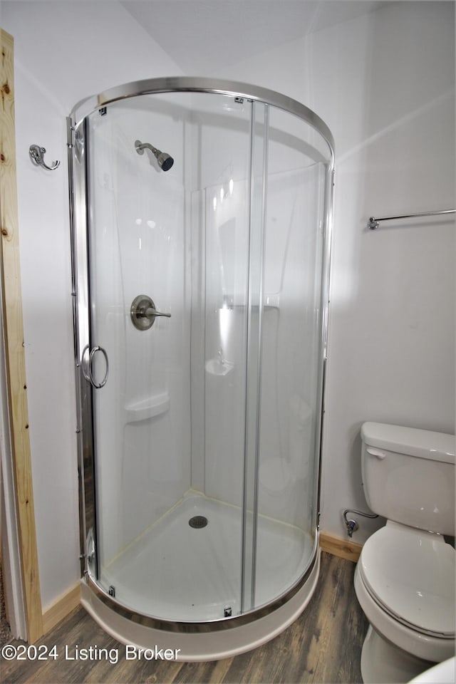 full bath with a stall shower, toilet, and wood finished floors