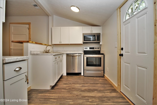 kitchen featuring white cabinets, lofted ceiling, dark wood-style floors, stainless steel appliances, and a sink