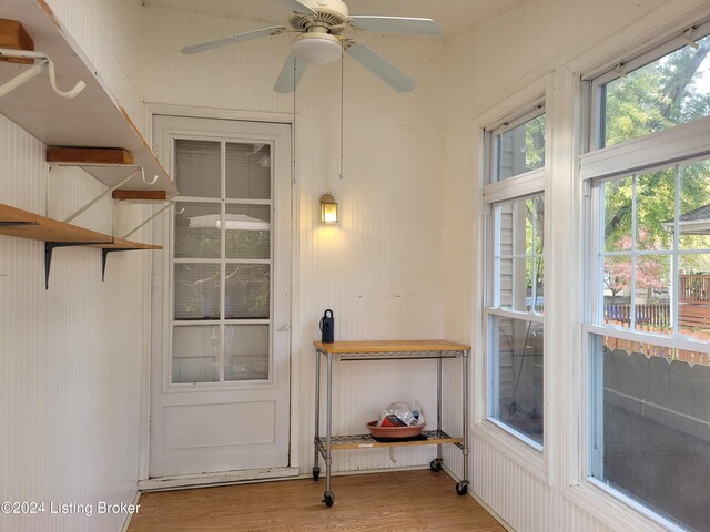 entryway with ceiling fan and wood-type flooring